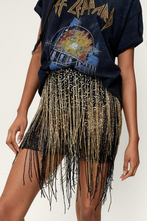 Party Outfits Icon Embellished Metallic Fringed Mini Skirt -The Partys Outfit womens gold icon embellished metallic fringed mini skirt