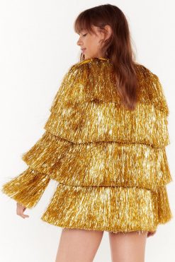 Going Out Jackets Metallic Tiered Tinsel Fringe Open Front Jacket -The Partys Outfit womens gold metallic tiered tinsel fringe open front jacket 1