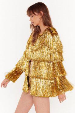 Going Out Jackets Metallic Tiered Tinsel Fringe Open Front Jacket -The Partys Outfit womens gold metallic tiered tinsel fringe open front jacket