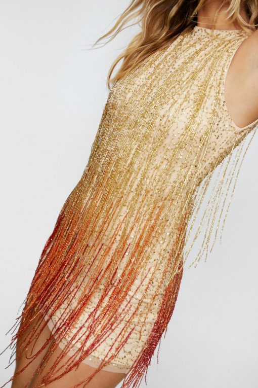 Party Dresses Ombre Fringe Open Back Mini Dress -The Partys Outfit womens gold ombre fringe open back mini dress 1