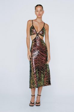 Sequin Dresses Petite Animal Print Sequin Cut Out Midi Dress -The Partys Outfit womens gold petite animal print sequin cut out midi dress 3