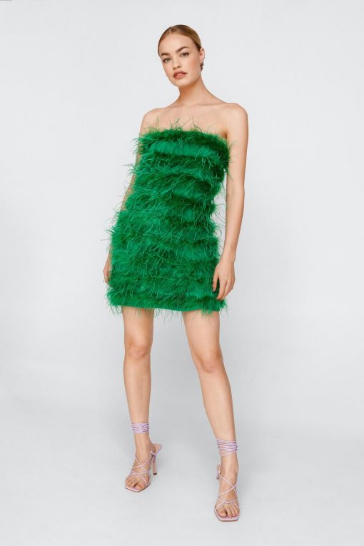 Sequin Dresses Feather Bandeau Mini Dress -The Partys Outfit womens green feather bandeau mini dress 10