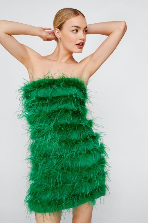 Sequin Dresses Feather Bandeau Mini Dress -The Partys Outfit womens green feather bandeau mini dress 3