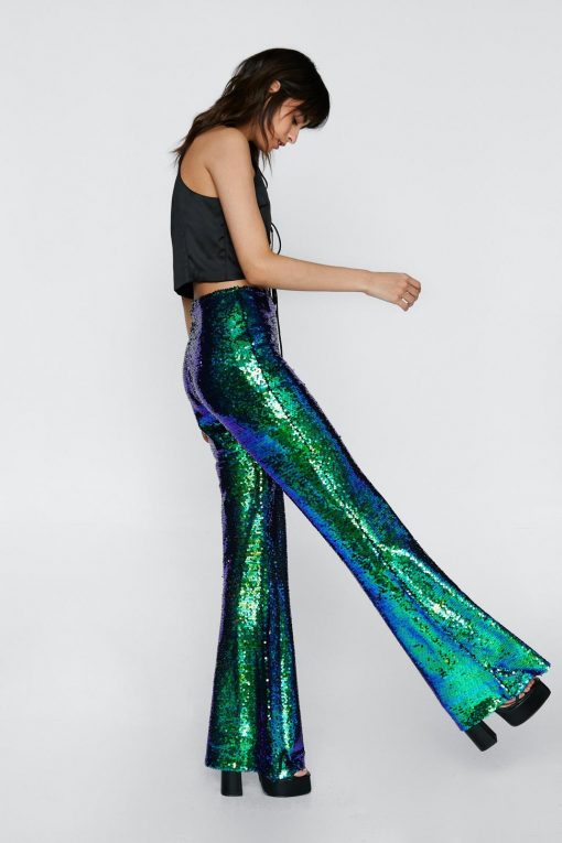 Mermaid Iridescent Sequin Flare Pants -The Partys Outfit womens green mermaid iridescent sequin flare pants 1