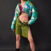 Cropped Jackets Metallic Star Motif Cropped Padded Jacket -The Partys Outfit womens green metallic star motif cropped padded jacket