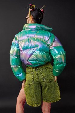 Cropped Jackets Metallic Star Motif Cropped Padded Jacket -The Partys Outfit womens green metallic star motif cropped padded jacket 2