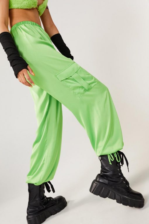 Going Out Pants Satin Double Pocket Cargo Pants -The Partys Outfit womens green satin double pocket cargo pants 1