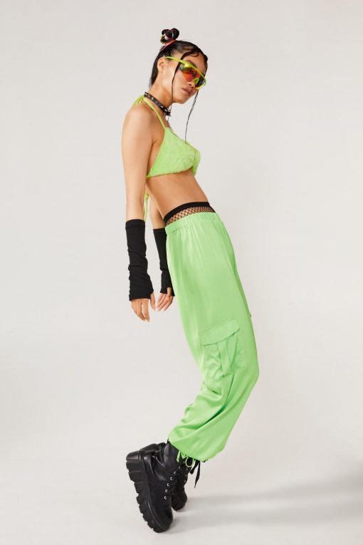 Going Out Pants Satin Double Pocket Cargo Pants -The Partys Outfit womens green satin double pocket cargo pants 3