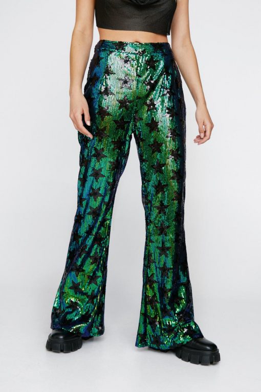 Party Outfits Sequin Star Disco Flare Pants -The Partys Outfit womens green sequin star disco flare pants 1