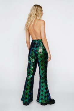 Party Outfits Sequin Star Disco Flare Pants -The Partys Outfit womens green sequin star disco flare pants 2