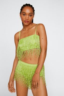 Sequin Pants Sequin Tassel Bralette And Panties Two Piece Set -The Partys Outfit womens green sequin tassel bralette and panties two piece set 1