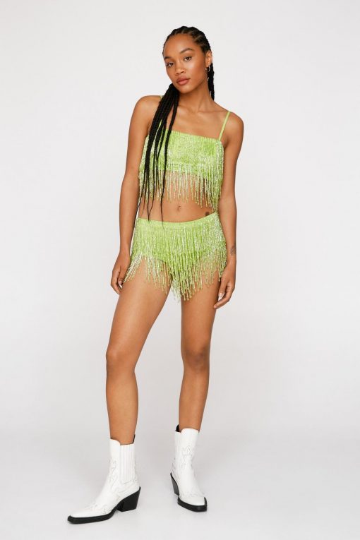 Sequin Pants Sequin Tassel Bralette And Panties Two Piece Set -The Partys Outfit womens green sequin tassel bralette and panties two piece set