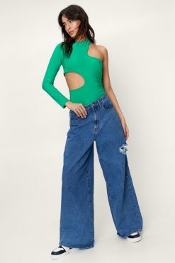 Cut Out Tops Slinky Cut Out Long Sleeve Top -The Partys Outfit womens green slinky cut out long sleeve top 3