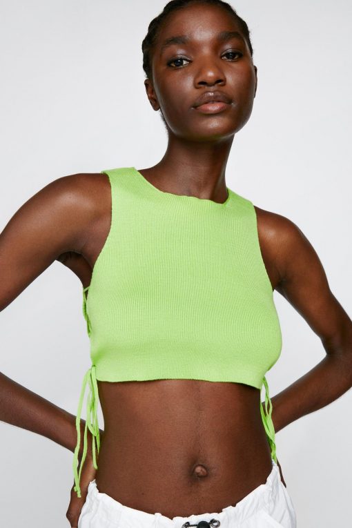 Tops Tie Side Knitted Crop Top -The Partys Outfit womens green tie side knitted crop top 1