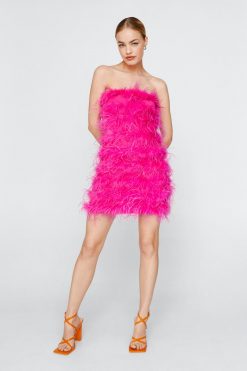 Sequin Dresses Feather Bandeau Mini Dress -The Partys Outfit womens hot20pink feather bandeau mini dress 12