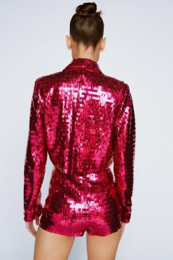 Two Piece Sets Premium Sequin Cropped Blazer -The Partys Outfit womens hot20pink premium sequin cropped blazer 2