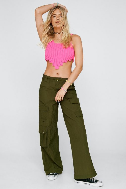 Tops Ribbed Asymmetric Hem Knitted Crop Top -The Partys Outfit womens hot20pink ribbed asymmetric hem knitted crop top 1