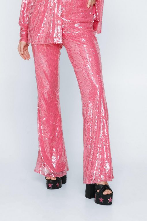 Party Outfits Sequin Kick Flared Pants -The Partys Outfit womens hot20pink sequin kick flared pants 1