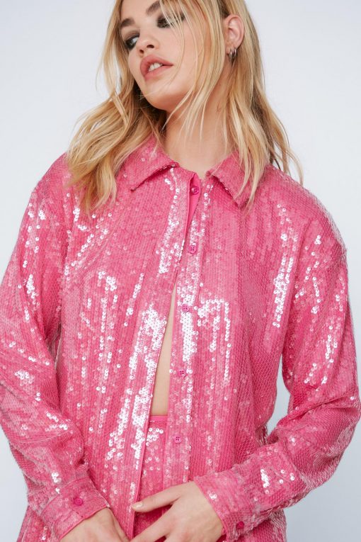 Party Outfits Sequin Long Sleeve Relaxed Fit Shirt -The Partys Outfit womens hot20pink sequin long sleeve relaxed fit shirt 1