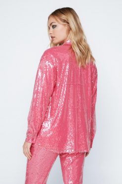 Party Outfits Sequin Long Sleeve Relaxed Fit Shirt -The Partys Outfit womens hot20pink sequin long sleeve relaxed fit shirt 2