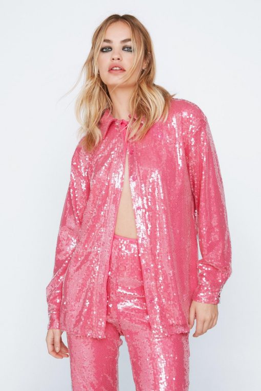 Party Outfits Sequin Long Sleeve Relaxed Fit Shirt -The Partys Outfit womens hot20pink sequin long sleeve relaxed fit shirt