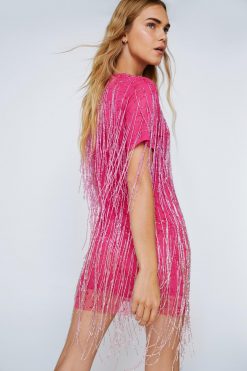 Party Dresses Tassel Beaded Mini Shift Dress -The Partys Outfit womens hot20pink tassel beaded mini shift dress 2