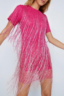 Party Dresses Tassel Beaded Mini Shift Dress -The Partys Outfit womens hot20pink tassel beaded mini shift dress 6