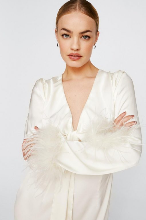 60% Off Dresses, Tops & Footwear! Feather Cuff Satin Tie Front Mini Dress -The Partys Outfit womens ivory feather cuff satin tie front mini dress 1