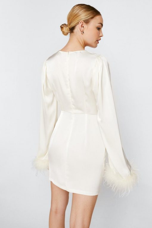 60% Off Dresses, Tops & Footwear! Feather Cuff Satin Tie Front Mini Dress -The Partys Outfit womens ivory feather cuff satin tie front mini dress 2