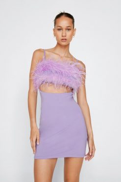 Party Outfits Feather Trim Bodycon Mini Dress -The Partys Outfit womens lilac feather trim bodycon mini dress 3