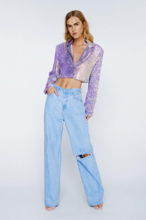 Two Piece Sets Premium Sequin Tailored Cropped Blazer -The Partys Outfit womens lilac premium sequin tailored cropped blazer 1