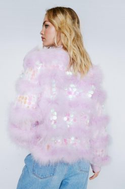 Going Out Jackets Real Feather Collar Sequin Jacket -The Partys Outfit womens lilac real feather collar sequin jacket 2