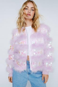 Going Out Jackets Real Feather Collar Sequin Jacket -The Partys Outfit womens lilac real feather collar sequin jacket 3