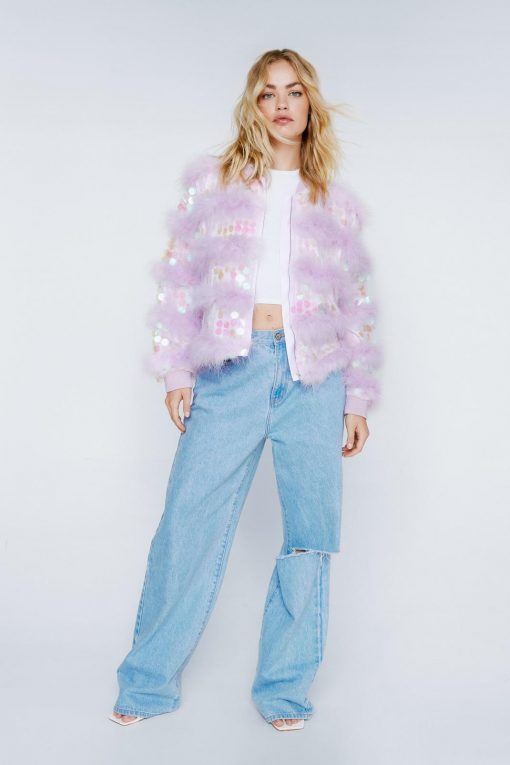 Going Out Jackets Real Feather Collar Sequin Jacket -The Partys Outfit womens lilac real feather collar sequin jacket 4