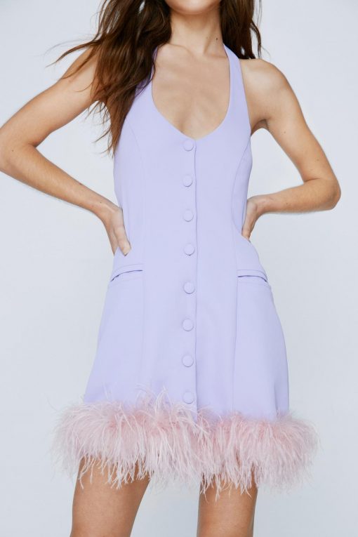 Dresses Tailored Fur Trim Halter Neck Dress -The Partys Outfit womens lilac tailored fur trim halter neck dress 1