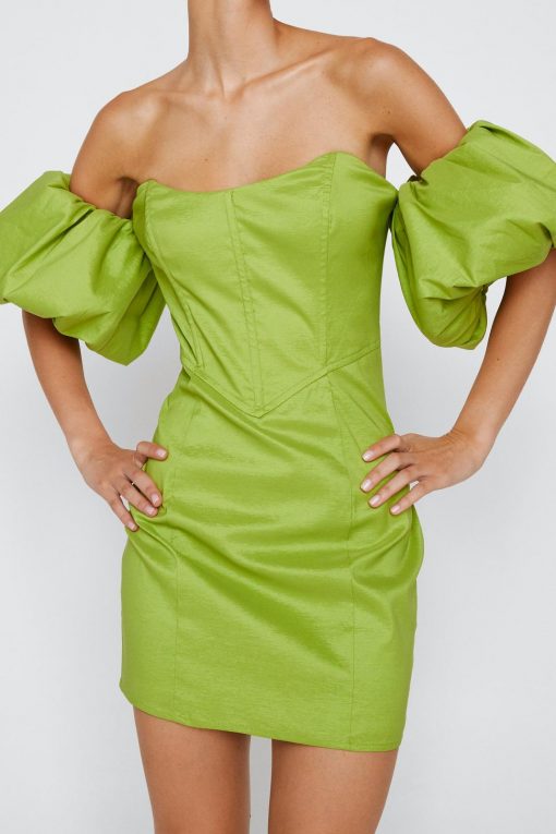 Formal Wear Bardot Taffeta Mini Dress -The Partys Outfit womens lime bardot taffeta mini dress 1