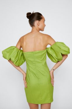 Formal Wear Bardot Taffeta Mini Dress -The Partys Outfit womens lime bardot taffeta mini dress 2