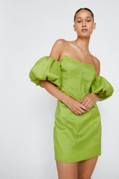 Formal Wear Bardot Taffeta Mini Dress -The Partys Outfit womens lime bardot taffeta mini dress 3