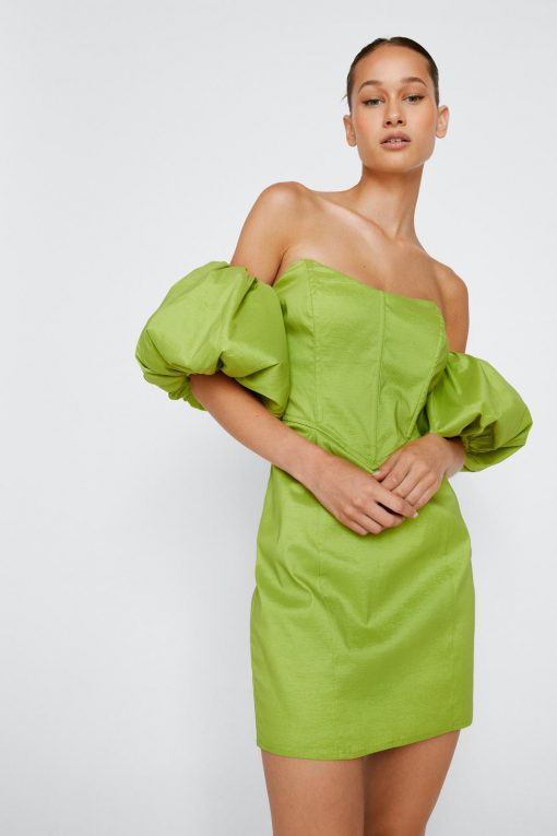 Formal Wear Bardot Taffeta Mini Dress -The Partys Outfit womens lime bardot taffeta mini dress