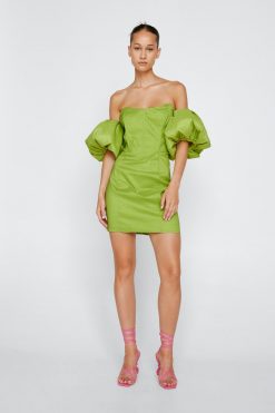 Formal Wear Bardot Taffeta Mini Dress -The Partys Outfit womens lime bardot taffeta mini dress 6