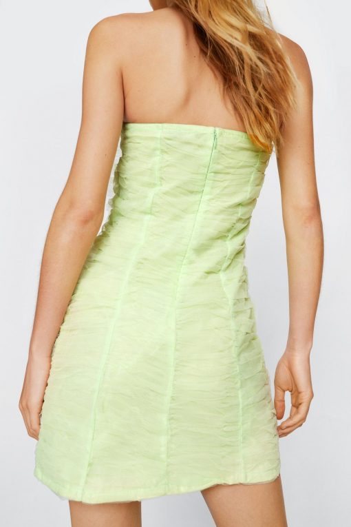 Ruched Dresses Recycled Tulle Ruched Bandeau Mini Dress -The Partys Outfit womens lime recycled tulle ruched bandeau mini dress 2