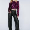 Tops Star Sequin Long Sleeve Crop Top -The Partys Outfit womens magenta star sequin long sleeve crop top