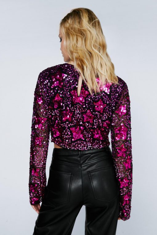 Tops Star Sequin Long Sleeve Crop Top -The Partys Outfit womens magenta star sequin long sleeve crop top 2