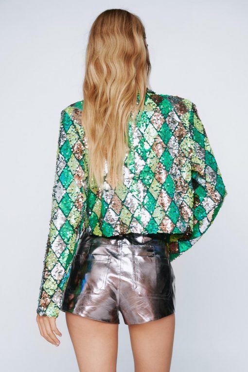 Two Piece Sets Premium Check Sequin Crop Blazer -The Partys Outfit womens metallic20green premium check sequin crop blazer 2