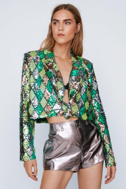 Two Piece Sets Premium Check Sequin Crop Blazer -The Partys Outfit womens metallic20green premium check sequin crop blazer 3