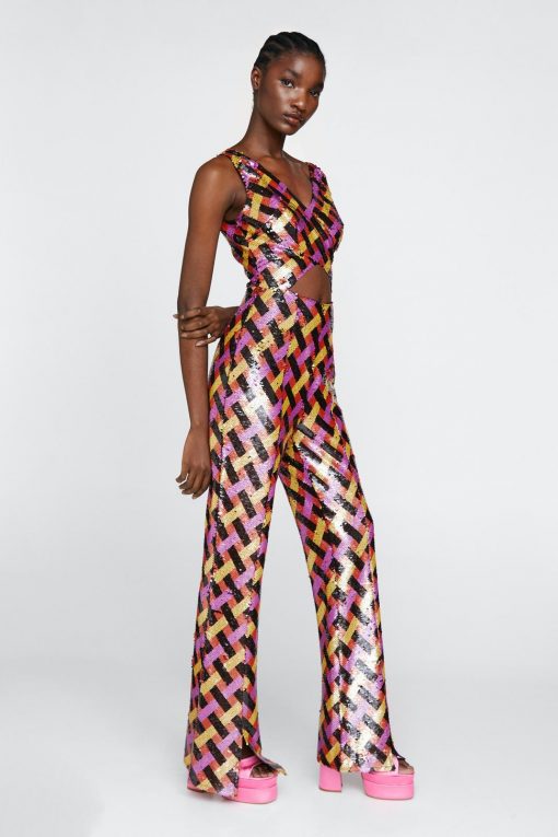 Party Outfits Check Sequin Cut Out Flare Jumpsuit -The Partys Outfit womens multi check sequin cut out flare jumpsuit 1