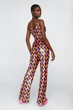 Party Outfits Check Sequin Cut Out Flare Jumpsuit -The Partys Outfit womens multi check sequin cut out flare jumpsuit 2