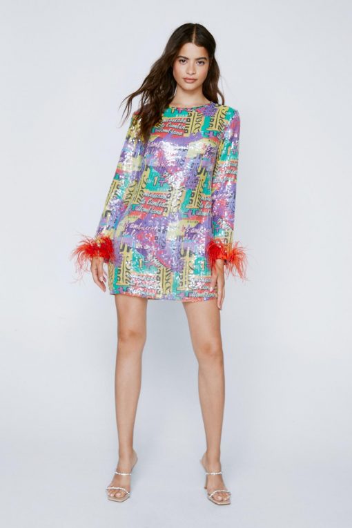 Sequin Dresses Graphic Print Sequin Feather Trim Mini Dress -The Partys Outfit womens multi graphic print sequin feather trim mini dress