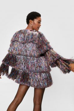 Going Out Jackets Metallic Tiered Tinsel Fringe Open Front Jacket -The Partys Outfit womens multi metallic tiered tinsel fringe open front jacket 2