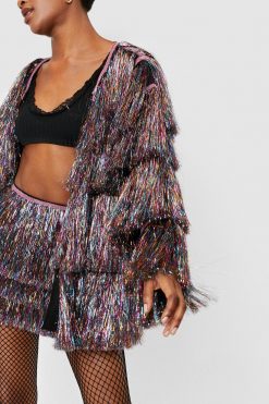 Going Out Jackets Metallic Tiered Tinsel Fringe Open Front Jacket -The Partys Outfit womens multi metallic tiered tinsel fringe open front jacket